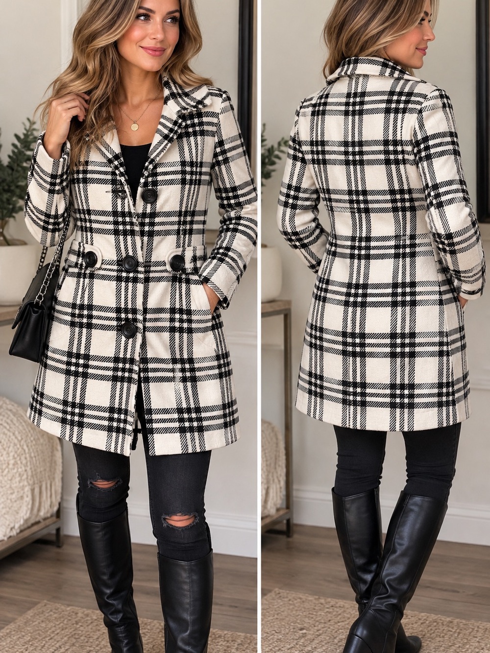 JouJou Black & White Plaid Wool-Blend Coat Jacket Size L